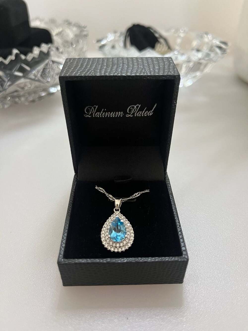 Platinum Plated Blue Topaz and White Topaz Teardrop Pendant Necklace